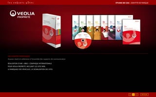 Les chartes graphiques
Assurer clarté et cohérence à l’ensemble des supports de communication
Réalisation d’une « bible » graphique internationale
pour Veolia Propreté, incluant les sites web,
le marquage des véhicules, la signalisation des sites.
1 RETOUR2 3
ÉTUDE DE CAS┃identité de marque
 