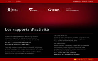 Le rapport d’activité est, par excellence, la vitrine d’une entreprise,
non seulement du point de vue de ses performances financières
mais aussi de ses valeurs, de ses engagements, de sa démarche RSE.
Pour nous, la réalisation d’un rapport d’activité
ne peut pas être qu’un exercice de mise en page.
Il nous paraît essentiel de travailler à partir d’un concept de communication
qui donne l’image la plus fidèle et la plus valorisante possible de l’entreprise.
Ce concept s’exprime autant dans la ligne éditoriale que dans la direction
artistique. L’équipe de création est donc en première ligne.
Conception / rédaction :
définition du contenu éditorial, d’une thématique, architecture du texte,
rédaction des titres et sous-titres, writing ou rewriting des textes.
Valeur ajoutée : concision, précision, style.
Direction artistique :
définition d’une ligne graphique dans le respect de la charte graphique,
recommandation artistique concernant le traitement de l’image
(photographies, illustrations, effets spéciaux), collaboration avec
des photographes et/ou des illustrateurs…
Valeur ajoutée : impact visuel, esthétique,
mise en valeur de la personnalité de l’entreprise.
Les rapports d’activité
Direction
de la communication
RETOUR5 6
ÉTUDE DE CAS┃rapports d’activité
1 2 43
 