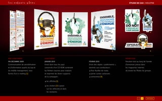 1. 2. 3.
4.
Pré-lancement
FIN DÉCEMBRE 2009
Communication de sensibilisation
et d’information auprès du top et
du middle management, sous
forme d’un e-mailing. 
[1]
Lancement
JANVIER 2010
Envoi dans tous les pays
concernés d’un CD ROM contenant
les fichiers sources pour traduire
et imprimer les divers supports
de la campagne :
◢ les affiches [2],
◢ les stickers [3] à poser
sur les véhicules et dans
les vestiaires.
FÉVRIER 2010
Envoi des objets « publicitaires »,
destinés aux conducteurs :
◢ fixe-feuilles de route,
◢ porte-cartes carburant,
◢ sentorettes [4].
Entretien
Parution tout au long de l’année
d’annonces presse dans
les magazines internes
de toutes les filiales du groupe.
RETOUR1 2
ÉTUDE DE CAS┃INDUSTRIE
 