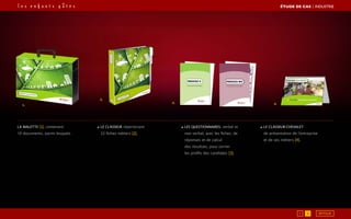 3. 4.
2.
1.
La malette [1], contenant
10 documents, parmi lesquels :
◢ le classeur répertoriant
33 fiches métiers [2],
◢ les questionnaires, verbal et
non verbal, avec les fiches, de
réponses et de calcul
des résultats, pour cerner
les profils des candidats [3],
◢ le classeur-chevalet
de présentation de l’entreprise
et de ses métiers [4].
1 2
ÉTUDE DE CAS┃industrie
RETOUR
 