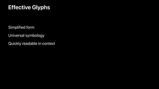 Simplified form
Universal symbology
Quickly readable in context
Effective Glyphs
 