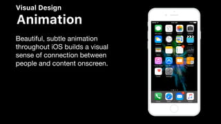Visual Design
Animation
Beautiful, subtle animation
throughout iOS builds a visual
sense of connection between
people and content onscreen.
 