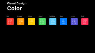 Visual Design
Color
R 255
G 59
B 48
R 255
G 149
B 0
R 255
G 204
B 0
R 76
G 217
B 100
R 90
G 200
B 250
R 0
G 122
B 255
R 88
G 86
B 214
R 255
G 45
B 85
PinkPurpleBlueTeal BlueGreenYellowOrangeRed
 