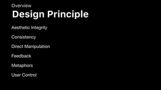 Aesthetic Integrity

Consistency

Direct Manipulation

Feedback

Metaphors

User Control
Overview
Design Principle
 
