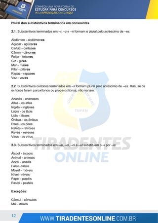 12
Plural dos substantivos terminados em consoantes
2.1. Substantivos terminados em –r, –z e –n formam o plural pelo acréscimo de –es:
Abdômen - abdômenes
Açúcar - açúcares
Cartaz - cartazes
Cânon - cânones
Feitor - feitores
Giz - gizes
Mar - mares
Pilar - pilares
Rapaz - rapazes
Vez - vezes
2.2. Substantivos oxítonos terminados em –s formam plural pelo acréscimo de –es. Mas, se os
oxítonos forem paroxítonos ou proparoxítonos, não variam:
Ananás - ananases
Atlas - os atlas
Inglês - ingleses
Lápis - os lápis
Lilás - lilases
Ônibus - os ônibus
Pires - os pires
Retrós - retróses
Revés - reveses
Vírus - os vírus
2.3. Substantivos terminados em –al, –el, –ol e –ul substituem o –l por –is:
Álcool - álcoois
Animal - animais
Anzol - anzóis
Farol - faróis
Móvel - móveis
Nível - níveis
Papel - papéis
Pastel - pastéis
Exceções:
Cônsul - cônsules
Mal - males
 
