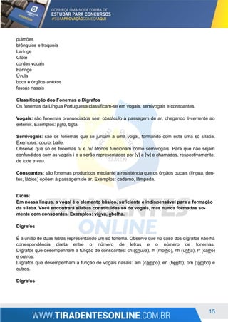 15
pulmões
brônquios e traqueia
Laringe
Glote
cordas vocais
Faringe
Úvula
boca e órgãos anexos
fossas nasais
Classificação dos Fonemas e Dígrafos
Os fonemas da Língua Portuguesa classificam-se em vogais, semivogais e consoantes.
Vogais: são fonemas pronunciados sem obstáculo à passagem de ar, chegando livremente ao
exterior. Exemplos: pato, bota.
Semivogais: são os fonemas que se juntam a uma vogal, formando com esta uma só sílaba.
Exemplos: couro, baile.
Observe que só os fonemas /i/ e /u/ átonos funcionam como semivogais. Para que não sejam
confundidos com as vogais i e u serão representados por [y] e [w] e chamados, respectivamente,
de iode e vau.
Consoantes: são fonemas produzidos mediante a resistência que os órgãos bucais (língua, den-
tes, lábios) opõem à passagem de ar. Exemplos: caderno, lâmpada.
Dicas:
Em nossa língua, a vogal é o elemento básico, suficiente e indispensável para a formação
da sílaba. Você encontrará sílabas constituídas só de vogais, mas nunca formadas so-
mente com consoantes. Exemplos: viúva, abelha.
Dígrafos
É a união de duas letras representando um só fonema. Observe que no caso dos dígrafos não há
correspondência direta entre o número de letras e o número de fonemas.
Dígrafos que desempenham a função de consoantes: ch (chuva), lh (molho), nh (unha), rr (carro)
e outros.
Dígrafos que desempenham a função de vogais nasais: am (campo), en (bento), om (tombo) e
outros.
Dígrafos
 