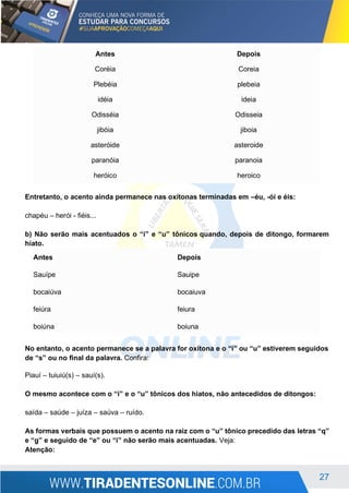 27
Antes Depois
Coréia Coreia
Plebéia plebeia
idéia ideia
Odisséia Odisseia
jibóia jiboia
asteróide asteroide
paranóia paranoia
heróico heroico
Entretanto, o acento ainda permanece nas oxítonas terminadas em –éu, -ói e éis:
chapéu – herói - fiéis...
b) Não serão mais acentuados o “i” e “u” tônicos quando, depois de ditongo, formarem
hiato.
Antes Depois
Sauípe Sauipe
bocaiúva bocaiuva
feiúra feiura
boiúna boiuna
No entanto, o acento permanece se a palavra for oxítona e o “i” ou “u” estiverem seguidos
de “s” ou no final da palavra. Confira:
Piauí – tuiuiú(s) – sauí(s).
O mesmo acontece com o “i” e o “u” tônicos dos hiatos, não antecedidos de ditongos:
saída – saúde – juíza – saúva – ruído.
As formas verbais que possuem o acento na raiz com o “u” tônico precedido das letras “q”
e “g” e seguido de “e” ou “i” não serão mais acentuadas. Veja:
Atenção:
 