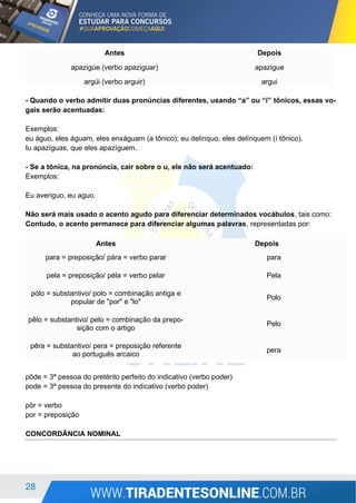 28
Antes Depois
apazigúe (verbo apaziguar) apazigue
argúi (verbo arguir) argui
- Quando o verbo admitir duas pronúncias diferentes, usando “a” ou “i” tônicos, essas vo-
gais serão acentuadas:
Exemplos:
eu águo, eles águam, eles enxáguam (a tônico); eu delínquo, eles delínquem (í tônico).
tu apazíguas, que eles apazíguem.
- Se a tônica, na pronúncia, cair sobre o u, ele não será acentuado:
Exemplos:
Eu averiguo, eu aguo.
Não será mais usado o acento agudo para diferenciar determinados vocábulos, tais como:
Contudo, o acento permanece para diferenciar algumas palavras, representadas por:
Antes Depois
para = preposição/ pára = verbo parar para
pela = preposição/ péla = verbo pelar Pela
pólo = substantivo/ polo = combinação antiga e
popular de "por" e "lo"
Polo
pêlo = substantivo/ pelo = combinação da prepo-
sição com o artigo
Pelo
pêra = substantivo/ pera = preposição referente
ao português arcaico
pera
pôde = 3ª pessoa do pretérito perfeito do indicativo (verbo poder)
pode = 3ª pessoa do presente do indicativo (verbo poder)
pôr = verbo
por = preposição
CONCORDÂNCIA NOMINAL
 
