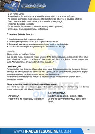 45
- É um retrato verbal
- Ausência de ação e relação de anterioridade ou posterioridade entre as frases
- As classes gramaticais mais utilizadas são: substantivos, adjetivos e locuções adjetivas
- Como na narração há a utilização da enumeração e comparação
- Presença de verbos de ligação
- Os verbos são flexionados no presente ou no pretérito (passado)
- Emprego de orações coordenadas justapostas
A estrutura do texto descritivo
A descrição apresenta três passos básicos:
1- Introdução: apresentação do que se pretende descrever.
2- Desenvolvimento: caracterização subjetiva ou objetiva da descrição.
3- Conclusão: finalização da apresentação e caracterização de algo.
Exemplo:
Alguns dados sobre Rudy Steiner
“Ele era oito meses mais velho do que Liesel e tinha pernas ossudas, dentes afiado, olhos azuis
esbugalhados e cabelos cor de limão. Como um dos seis filhos dos Steiner, estava sempre com
fome. Na rua Himmel, era considerado meio maluco ...”
DISSERTAÇÃO
Podemos dizer que dissertar é falar sobre algo, sobre determinado assunto; é expor; é debater.
Este tipo de texto apresenta a defesa de uma opinião, de um ponto de vista, predomina a apre-
sentação detalhada de determinados temas e conhecimentos.
Para construção deste tipo de texto há a necessidade de conhecimentos prévios do as-
sunto/tema tratado.
Regra gramatical para esse tipo de texto (Dissertação):
Dissertar é expor os conhecimentos que se tem sobre um assunto ou defender um ponto de vista
sobre um tema, por meio de argumentos.
 