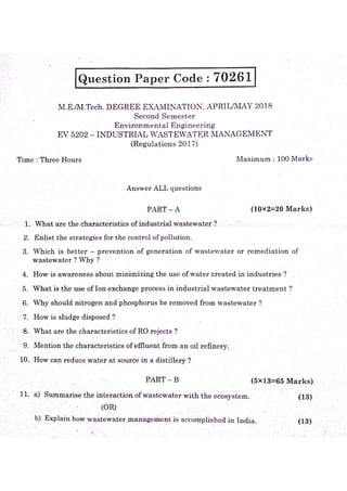 EV5202-Industrial wastewater management-previous year question paper