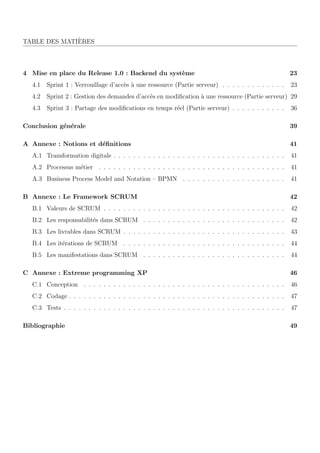 TABLE DES MATI`ERES
4 Mise en place du Release 1.0 : Backend du syst`eme 23
4.1 Sprint 1 : Verrouillage d’acc`es `a une ressource (Partie serveur) . . . . . . . . . . . . . 23
4.2 Sprint 2 : Gestion des demandes d’acc`es en modiﬁcation `a une ressource (Partie serveur) 29
4.3 Sprint 3 : Partage des modiﬁcations en temps r´eel (Partie serveur) . . . . . . . . . . . 36
Conclusion g´en´erale 39
A Annexe : Notions et d´eﬁnitions 41
A.1 Transformation digitale . . . . . . . . . . . . . . . . . . . . . . . . . . . . . . . . . . . 41
A.2 Processus m´etier . . . . . . . . . . . . . . . . . . . . . . . . . . . . . . . . . . . . . . 41
A.3 Business Process Model and Notation – BPMN . . . . . . . . . . . . . . . . . . . . . 41
B Annexe : Le Framework SCRUM 42
B.1 Valeurs de SCRUM . . . . . . . . . . . . . . . . . . . . . . . . . . . . . . . . . . . . . 42
B.2 Les responsabilit´es dans SCRUM . . . . . . . . . . . . . . . . . . . . . . . . . . . . . 42
B.3 Les livrables dans SCRUM . . . . . . . . . . . . . . . . . . . . . . . . . . . . . . . . . 43
B.4 Les it´erations de SCRUM . . . . . . . . . . . . . . . . . . . . . . . . . . . . . . . . . 44
B.5 Les manifestations dans SCRUM . . . . . . . . . . . . . . . . . . . . . . . . . . . . . 44
C Annexe : Extreme programming XP 46
C.1 Conception . . . . . . . . . . . . . . . . . . . . . . . . . . . . . . . . . . . . . . . . . 46
C.2 Codage . . . . . . . . . . . . . . . . . . . . . . . . . . . . . . . . . . . . . . . . . . . . 47
C.3 Tests . . . . . . . . . . . . . . . . . . . . . . . . . . . . . . . . . . . . . . . . . . . . . 47
Bibliographie 49
 
