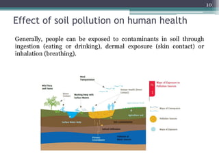 Effect of soil pollution on human health
10
Generally, people can be exposed to contaminants in soil through
ingestion (eating or drinking), dermal exposure (skin contact) or
inhalation (breathing).
 