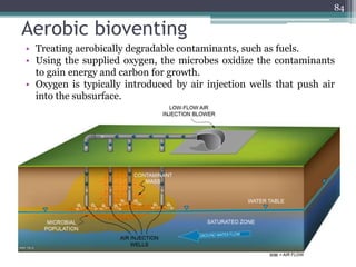 Aerobic bioventing
• Treating aerobically degradable contaminants, such as fuels.
• Using the supplied oxygen, the microbes oxidize the contaminants
to gain energy and carbon for growth.
• Oxygen is typically introduced by air injection wells that push air
into the subsurface.
84
 