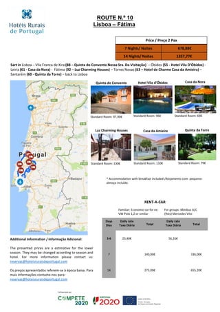 Sart in Lisboa – Vila Franca de Xira (88 – Quinta do Convento Nossa Sra. Da Visitação) – Óbidos (55 - Hotel Vila D’Óbidos) -
Leiria (61 - Casa da Nora) - Fátima (92 – Luz Charming Houses) – Torres Novas (63 – Hotel de Charme Casa da Amieira) –
Santarém (60 - Quinta da Torre) – back to Lisboa
ROUTE N.º 10
Lisboa – Fátima
Price / Preço 2 Pax
7 Nights/ Noites 678,88€
14 Nights/ Noites 1357,77€
RENT-A-CAR
Familiar: Economic car for ex:
VW Polo 1,2 or similar
For groups: Minibus A/C
(9sts) Mercedes Vito
Days
Dias
Daily rate
Taxa Diária Total
Daily rate
Taxa Diária Total
3-6 23,40€ 56,16€
7 140,00€ 336,00€
14 273,00€ 655,20€
Luz Charming Houses
Casa da Nora
Quinta da Torre
Standard Room: 130€ Standard Room: 79€
Standard Room: 69€
Quinta do Convento
Standard Room: 97,90€
* Accommodation with breakfast included /Alojamento com pequeno-
almoço incluído.
Additional Information / Informação Adicional:
The presented prices are a estimative for the lower
season. They may be changed according to season and
hotel. For more information please contact us:
reservas@hoteisruraisdeportugal.com
Os preços apresentados referem-se à época baixa. Para
mais informações contacte-nos para:
reservas@hoteisruraisdeportugal.com
Hotel Vila d’Óbidos
Standard Room: 96€
Casa da Amieira
Standard Room: 110€
 