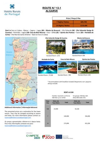 Start in Faro or Lisboa - Aljezur – Sagres – Lagos (84 – Monte da Bravura) – Vila Valverde (84 - Vila Valverde Design &
Country) – Portimão – Lagoa ( 80- Casa da Bela Moura) – Faro – Olhão (81 – Quinta dos Poetas) – Tavira (83 – Herdade da
Corte) – Vila Real de Santo António – Back to Faro or Lisboa
Quinta dos Poetas
Standard Room: 62€
Herdade da Corte
Standard Room:: 72,50€
Price / Preço 2 Pax
7 Nights/ Noites 609,70€
14 Nights/ Noites 1219,40€
RENT-A-CAR
Familiar: Economic car for ex:
VW Polo 1,2 or similar
For groups: Minibus A/C
(9sts) Mercedes Vito
Days
Dias
Daily rate
Taxa Diária Total
Daily rate
Taxa Diária Total
3-6 23,40€ 56,16€
7 140,00€ 336,00€
14 273,00€ 655,20€
ROUTE N.º 13.1
ALGARVE
Monte da BravuraVila Valverde Design & Country
Standard Room: 85€Standard Room: 117€
Casa da Bela Moura
Standard Room: 99€
Additional Information / Informação Adicional:
The presented prices are a estimative for the lower
season. They may be changed according to season
and hotel. For more information please contact us:
reservas@hoteisruraisdeportugal.com.
Os preços apresentados referem-se à época baixa.
Para mais informações contacte-nos para:
reservas@hoteisruraisdeportugal.com.
* Accommodation with breakfast included /Alojamento com pequeno-
almoço incluído
 