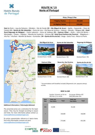Start in Porto – Leça da Palmeira – Mindelo – Vila do Conde (19 – São Miguel de Arcos) – Apúlia – Esposende – Viana do
Castelo (13 – Quinta de São Sebastião) – Ponte de Lima – Vila Nova de Cerveira – Valença – Monção – Melgaço (16 – Hotel
Rural Reguengo de Melgaço) – Castro Laboreiro – Arcos de Valdevez (35 – Castrum Villae) – Gerês – Vieira do Minho –
Montalegre – Chaves – Valpaços – Macedo de Cavaleiros – Vimioso (14 - Hotel Rural Senhora das Pereiras) - Mogadouro –
Vila Flor – Vila Real – Mondim de Bastos – Guimarães (34 – Quinta da Eira do Sol) – Braga – Santo Tirso – Return to Porto
Price / Preço 2 Pax
7 Nights/ Noites 459,84€
14 Nights/ Noites 919,68€
RENT-A-CAR
Familiar: Economic car for ex:
VW Polo 1,2 or similar
For groups: Minibus A/C
(9sts) Mercedes Vito
Days
Dias
Daily rate
Taxa Diária Total
Daily rate
Taxa Diária Total
3-6 23,40€ 56,16€
7 140,00€ 336,00€
14 273,00€ 655,20€
ROUTE N.º 21
Norte of Portugal
Reguengo de Melgaço
Standard Room: 75€
Quinta de São Sebastião
Standard Room: 70€
São Miguel de Arcos
Standard Room: 70,40€
Quinta da Eira do Sol
Standard Room: 55€
Nossa Sra. Das Pereiras
Standard Room: 66€
Castrum Villae
Standard Room: 57,75€
Additional Information / Informação Adicional:
The presented prices are a estimative for the lower
season. They may be changed according to season
and hotel. For more information please contact us:
reservas@hoteisruraisdeportugal.com.
Os preços apresentados referem-se à época baixa.
Para mais informações contacte-nos para:
reservas@hoteisruraisdeportugal.com.
* Accommodation with breakfast included /Alojamento com pequeno-almoço
incluído.
 