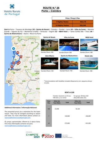 Start in Porto – Travanca do Mondego (50 – Quinta de Novais) – Coimbra – Pombal – Leiria (93 – Villas da Fonte) – Marinha
Grande – Figueira da Foz – Montemor-o-Velho – Penacova – Arganil (52 – B&W Hotel ) – Santa Comba Dão – Viseu (46 –
Quinta do Medronheiro) – Aveiro – Return to Porto
Price / Preço 2 Pax
7 Nights/ Noites 463,17€
14 Nights/ Noites 926,34€
RENT-A-CAR
Familiar: Economic car for ex:
VW Polo 1,2 or similar
For groups: Minibus A/C
(9sts) Mercedes Vito
Days
Dias
Daily rate
Taxa Diária Total
Daily rate
Taxa Diária Total
3-6 23,40€ 56,16€
7 140,00€ 336,00€
14 273,00€ 655,20€
ROUTE N.º 26
Porto – Coimbra
B&W HotelVillas da FonteQuinta de Novais
Além Ribeiro Quinta do Medronheiro Abade João
Standard Room: 60€ Standard Room: 80€ Standard Room: 90€
Standard Room: 52€ Standard Room: 75€ Standard Room: 40€
Additional Information / Informação Adicional:
The presented prices are a estimative for the lower
season. They may be changed according to season
and hotel. For more information please contact us:
reservas@hoteisruraisdeportugal.com.
Os preços apresentados referem-se à época baixa.
Para mais informações contacte-nos para:
reservas@hoteisruraisdeportugal.com.
* Accommodation with breakfast included /Alojamento com pequeno-almoço
incluído.
 