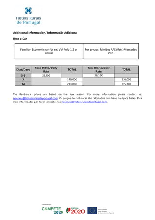 Additional Information/ Informação Adicional
Rent-a-Car
Familiar: Economic car for ex: VW Polo 1,2 or
similar
For groups: Minibus A/C (9sts) Mercedes
Vito
Dias/Days
Taxa Diária/Daily
Rate
TOTAL
Taxa Diária/Daily
Rate
TOTAL
3-6 23,40€ 56,16€
7 140,00€ 336,00€
14 273,00€ 655,20€
The Rent-a-car prices are based on the low season. For more information please contact us:
reservas@hoteisruraisdeportugal.com. Os preços do rent-a-car são calculados com base na época baixa. Para
mais informações por favor contacte-nos: reservas@hoteisruraisdeportugal.com.
 