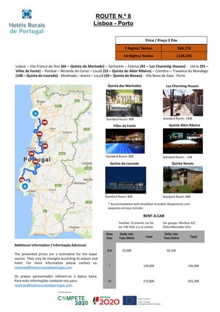 ROUTE N.º 8
Lisboa - Porto
Lisboa – Vila Franca de Xira (64 – Quinta do Machado) – Santarém – Fátima (92 – Luz Charming Houses) - Leiria (93 –
Villas da Fonte) – Pombal – Miranda do Corvo – Lousã (53 – Quinta do Além Ribeiro) – Coimbra – Travanca do Mondego
(100 – Quinta do Louredo) - Mealhada – Aveiro – Lousã (50 – Quinta de Novais) - Vila Nova de Gaia - Porto
Price / Preço 2 Pax
7 Nights/ Noites 568,17€
14 Nights/ Noites 1136,33€
RENT-A-CAR
Familiar: Economic car for
ex: VW Polo 1,2 or similar
For groups: Minibus A/C
(9sts) Mercedes Vito
Days
Dias
Daily rate
Taxa Diária Total
Daily rate
Taxa Diária Total
3-6 23,40€ 56,16€
7 140,00€ 336,00€
14 273,00€ 655,20€
Quinta Além Ribeiro
Standard Room: : 52€
Standard Room: 85€
Quinta Novais
Standard Room: 60€
Quinta do Louredo
Quinta dos Machados
Standard Room: 80€
Villas da Fonte
Standard Room: 80€
Luz Charming Houses
Standard Room: 130€
Additional Information / Informação Adicional:
The presented prices are a estimative for the lower
season. They may be changed according to season and
hotel. For more information please contact us:
reservas@hoteisruraisdeportugal.com
Os preços apresentados referem-se à época baixa.
Para mais informações contacte-nos para:
reservas@hoteisruraisdeportugal.com.
* Accommodation with breakfast included /Alojamento com
pequeno-almoço incluído.
 
