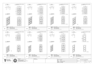 1020
1918
356680614
433 423
1020
100
856
445
880
435
295 295
1990
856
1375
2465
636504660
593 583
11761375
100
1176
1206
608 598
420 420
1220
100
1220
1994
570620550
524 504
1028
1028
1060
540 520
375 375
2228
100
1120
1120
1760
410510480
510 490
1000
980
980
500 480
340 340
1820
100
805
715
805
715
565
2030
500600500
2200
FIRST FLOOR LEVEL
(F.F.L. ±3.280M)
FIRST FLOOR LEVEL
(F.F.L. ±3.280M)
1200
960
100
620
2105
475 485
960
1200
455650
990
490 500
335 335
2250
FIRST FLOOR LEVEL
(F.F.L. ±3.2M)
FIRST FLOOR LEVEL
(F.F.L. ±3.2M)
100
1275
1275
2075
585585585
505 510
1015
1035
1035
515 520
370 370
2340
585585585
1015
100
1275
1035
1275
505 510
2075
370 370
1035
515 520
2340
DIMENSION REFER TO DIAGRAM
QTY
MATERIAL
DOOR TYPE
D7
DESCRIPTION
DOOR - TIMBER, WHITE PAINT
FRAME - TIMBER, WHITE PAINT
DIMENSION REFER TO DIAGRAM
QTY
MATERIAL
DOOR TYPE
D8
DESCRIPTION
DOOR - TIMBER, WHITE PAINT
FRAME - TIMBER, WHITE PAINT
DIMENSION REFER TO DIAGRAM
QTY
MATERIAL
DOOR TYPE
D12
DESCRIPTION
DIMENSION REFER TO DIAGRAM
QTY
MATERIAL
DOOR TYPE
D13
DESCRIPTION
DIMENSION REFER TO DIAGRAM
QTY
MATERIAL
DOOR TYPE
D14
DESCRIPTION
DIMENSION REFER TO DIAGRAM
QTY
MATERIAL
DOOR TYPE
D15
DESCRIPTION
DOOR - TIMBER, BROWN PAINT
FRAME - TIMBER, BROWN PAINT
DIMENSION REFER TO DIAGRAM
QTY
MATERIAL
DOOR TYPE
D23
DESCRIPTION
DOOR - TIMBER, GREEN PAINT
FRAME - TIMBER, WHITE PAINT
DIMENSION REFER TO DIAGRAM
QTY
MATERIAL
DOOR TYPE
D24
DESCRIPTION
DOOR - TIMBER, GREEN PAINT
FRAME - TIMBER, WHITE PAINT
1
DOUBLE LEAF, SINGLE ACTION
LOCATED AT FIRST FLOOR, EXHIBITION AREA (11)
DOUBLE LEAF, SINGLE ACTION
LOCATED AT FIRST FLOOR, EXHIBITION AREA (11)
DOUBLE LEAF, SINGLE ACTION
DOUBLE LEAF, SINGLE ACTION
DOOR - TIMBER, WHITE PAINT
FRAME - TIMBER, WHITE PAINT
LOCATED AT FIRST FLOOR, ROYAL FAMILY (12)
DOOR - TIMBER, GREEN PAINT
FRAME - TIMBER, WHITE PAINT
LOCATED AT FIRST FLOOR, ROYAL FAMILY (12)
1
16
DOUBLE LEAF, SINGLE ACTION
DOOR - TIMBER, BROWN PAINT
FRAME - TIMBER, BROWN PAINT
LOCATED AT FIRST FLOOR, ROYAL FAMILY (12)
1
DOUBLE LEAF, SINGLE ACTION
LOCATED AT FIRST FLOOR, VERANDAH (18)
1
DOUBLE LEAF, SINGLE ACTION
LOCATED AT FIRST FLOOR, ROYAL REGALIA (17)
1
SINGLE LEAF, SINGLE ACTION
LOCATED AT FIRST FLOOR, ROYAL FAMILY (12)
1
STARTING DATE
DATE
SCALE
CHECKED BY
PROJECT TITLE
MEASURED BY
DRAWN BY
ARC 1215
METHODS OF DOCUMENTATION AND
MEASURED DRAWING ON
ROYAL MUSEUM KEDAH, LOT 82, SEKSYEN 16
ALOR STAR, KOTA SETAR, KEDAH
DRAWING TITLE NOTE DRAWING NO.
ISSUE SHEET NO.
DOOR DETAILS 3
2017/ ARC1215/ RMUZKEDAH
E 23
31
20.01.2017
06.03.2017
1 : 25
LIM SHEN, TRM'S MEMBER
MR. KHAIROOL
TRM'S MEMBER
SCALE 1 : 25
PLAN
01
SCALE 1 : 25
ISOMETRIC
03
SCALE 1 : 25
PLAN
01
SCALE 1 : 25
ISOMETRIC
03
SCALE 1 : 25
PLAN
01
SCALE 1 : 25
ISOMETRIC
03
SCALE 1 : 25
PLAN
01
SCALE 1 : 25
ISOMETRIC
03
SCALE 1 : 25
PLAN
01
SCALE 1 : 25
ISOMETRIC
03
SCALE 1 : 25
PLAN
01
SCALE 1 : 25
ISOMETRIC
03
SCALE 1 : 25
PLAN
01
SCALE 1 : 25
ISOMETRIC
03
SCALE 1 : 25
PLAN
01
SCALE 1 : 25
ISOMETRIC
03
SCALE 1 : 25
ELEVATION (FRONT & BACK)
02 SCALE 1 : 25
ELEVATION (FRONT & BACK)
02
SCALE 1 : 25
ELEVATION (FRONT & BACK)
02 SCALE 1 : 25
ELEVATION (FRONT & BACK)
02
SCALE 1 : 25
ELEVATION (FRONT & BACK)
02SCALE 1 : 25
ELEVATION (FRONT & BACK)
02SCALE 1 : 25
ELEVATION (FRONT & BACK)
02SCALE 1 : 25
ELEVATION (FRONT & BACK)
02
 