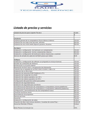Listado de precios y servicios
 
