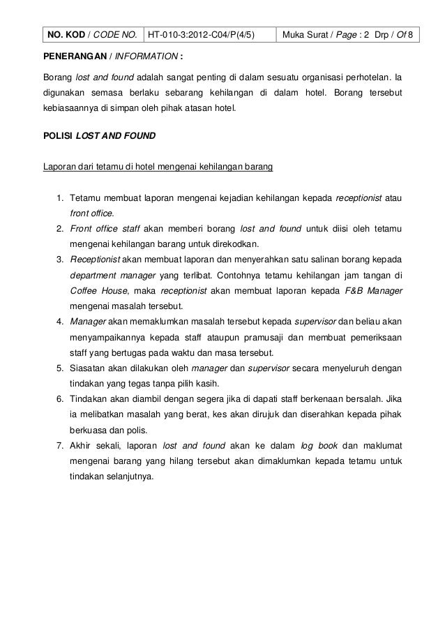 Kertas Penerangan Prosedur Mengendali Lost Found Di Restoran