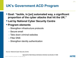 | 21 |
© 2017 The MITRE Corporation. All rights reserved. For Internal MITRE Use.
Approved for Public Release; Distribution Unlimited. Case Number 17-2636
UK’s Government ACD Program
▪ Goal: “tackle, in [an] automated way, a significant
proportion of the cyber attacks that hit the UK.”
▪ Led by National Cyber Security Centre
▪ Program elements
– Strengthen infrastructure protocols
– Secure email
– Take down criminal websites
– Filter DNS
– Strengthen identity authentication
Source: National Cyber Security Centre
 