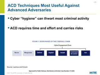 | 22 |
© 2017 The MITRE Corporation. All rights reserved. For Internal MITRE Use.
Approved for Public Release; Distribution Unlimited. Case Number 17-2636
ACD Techniques Most Useful Against
Advanced Adversaries
▪ Cyber “hygiene” can thwart most criminal activity
▪ ACD requires time and effort and carries risks
Source: Lachow and Croom
 
