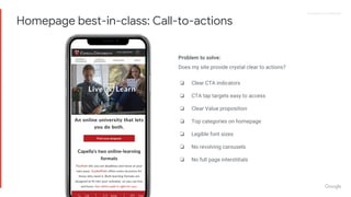 Proprietary + ConfidentialProprietary + Confidential
Homepage best-in-class: Call-to-actions
Problem to solve:
Does my site provide crystal clear to actions?
❏ Clear CTA indicators
❏ CTA tap targets easy to access
❏ Clear Value proposition
❏ Top categories on homepage
❏ Legible font sizes
❏ No revolving carousels
❏ No full page interstitials
 