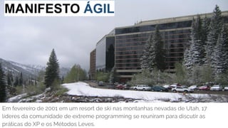 MANIFESTO ÁGIL
Em fevereiro de 2001 em um resort de ski nas montanhas nevadas de Utah, 17
líderes da comunidade de extreme programming se reuniram para discutir as
práticas do XP e os Métodos Leves.
 