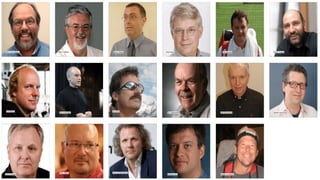 Ward Cunningham Ron Jeffries Steve Mellor Bob Martin Martin Fowler
Mike Beedle
James Grenning
Jeff Sutherland
Jim Highsmith
Jon Kern
Ken Schwaber
Kent Beck,
Dave Thomas
Brian Marick Arie van Bennekum
Andrew Hunt Alistair Cockburn
 