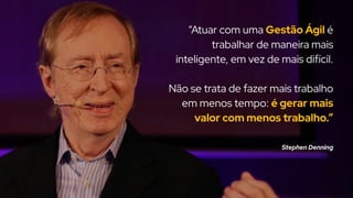 “Atuar com uma Gestão Ágil é
trabalhar de maneira mais
inteligente, em vez de mais difícil.
Não se trata de fazer mais trabalho
em menos tempo: é gerar mais
valor com menos trabalho.”
Stephen Denning
 
