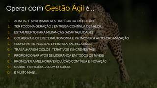 Operar com Gestão Ágil é...
1. ALINHAR E APROXIMAR A ESTRATÉGIA DA EXECUÇÃO
2. TER FOCO NA GERAÇÃO E ENTREGA CONTÍNUA DE VALOR
3. ESTAR ABERTO PARA MUDANÇAS (ADAPTABILIDADE)
4. COLABORAR, OFERECER AUTONOMIA E PROMOVER A AUTO-ORGANIZAÇÃO
5. RESPEITAR ÀS PESSOAS E PRIORIZAR AS RELAÇÕES
6. TRABALHAR EM CICLOS ITERATIVOS E INCREMENTAIS
7. PROPORCIONAR ATOS DE LIDERANÇA EM TODOS OS NÍVEIS
8. PROMOVER A MELHORIA/EVOLUÇÃO CONTÍNUA E INOVAÇÃO
9. GARANTIR EFICIÊNCIA COM EFICÁCIA
10. E MUITO MAIS...
 