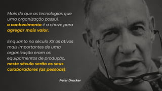 Mais do que as tecnologias que
uma organização possui,
o conhecimento é a chave para
agregar mais valor.
Enquanto no século XX os ativos
mais importantes de uma
organização eram os
equipamentos de produção,
neste século serão os seus
colaboradores (as pessoas).
Peter Drucker
 