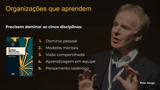 1. Domínio pessoal
2. Modelos mentais
3. Visão compartilhada
4. Aprendizagem em equipe
5. Pensamento sistêmico
Organizações que aprendem
Peter Senge
Precisem dominar as cinco disciplinas:
 