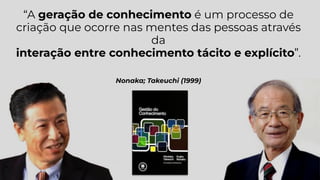 “A geração de conhecimento é um processo de
criação que ocorre nas mentes das pessoas através
da
interação entre conhecimento tácito e explícito”.
Nonaka; Takeuchi (1999)
 