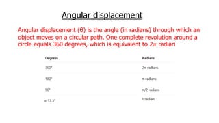 Angular displacement (θ) is the angle (in radians) through which an
object moves on a circular path. One complete revolution around a
circle equals 360 degrees, which is equivalent to 2𝜋 radian
Angular displacement of a complete circle=2π radians or 360∘
Compare and contrast
Angular displacement
 