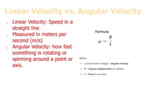 Linear Velocity vs. Angular Velocity
● Linear Velocity: Speed in a
straight line
● Measured in meters per
second (m/s)
● Angular Velocity: how fast
something is rotating or
spinning around a point or
axis.
Compare and contrast
Formula:
 