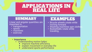 APPLICATIONS IN
REAL LIFE
Linear and angular quantities are
important in:
• transportation
• sports
• machines
• exercise
SUMMARY EXAMPLES
• Bicycle wheels rotate while
moving forward.
• Washing machines spin clothes.
• Basketballs rotate while
traveling.
• Importance
⚬ Understanding motion helps:
￭ improve machine efficiency
￭ explain movement in everyday life
￭ understand sports performance
 