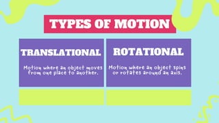 TYPES OF MOTION
Motion where an object moves
from one place to another.
TRANSLATIONAL
Motion where an object spins
or rotates around an axis.
ROTATIONAL
 