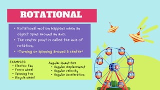 ROTATIONAL
• Rotational motion happens when an
object spins around an axis.
• The center point is called the axis of
rotation.
• “Turning or spinning around a center”
EXAMPLES:
• Electric fan
• Ferris wheel
• Spinning top
• Bicycle wheel
Angular Quantities
• Angular displacement
• Angular velocity
• Angular acceleration
 