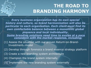 THE ROAD TO
                      BRANDING HARMONY
     Every business organization has its own special
 history and culture, so brand harmonization will also be
 particular to each organization. Each client must find its
  own comfortable balance between a monolithic global
              presence and local individuality.
  Some branding solutions need time to evolve at a pace
       consistent with the market response, including;
(1) Assess the situation with our proven Return-on-Brand-
    Investmenttm model
(2) Develop through forensics a brand essence strategy platform
(3) Create a new branding system architecture
(4) Champion the brand system internally
(5) Implement the new branding system externally
 
