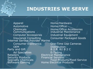 INDUSTRIES WE SERVE

    Apparel                       Home/Hardware
    Automotive                    Home/Office
    Chemicals                     Home/Office Accessories
    Communications                Industrial Maintenance
    Computer Accessories          Industrial Equipment
    Insurance Consulting          Consumer Packaged Goods
Internet Service Provider Marine
    Consumer Electronics          One-Time Use Cameras
    OEM                           Distribution
Party and Gift                    B 2 B, B2 B 2 C
    Ad Specialties                E-Tailing
Retailers                 Electrical Maintenance
Security Products         Financial Services
Specialty Chemicals               Food Products/Food Service
Software Gaming           Home Electrical Products
 