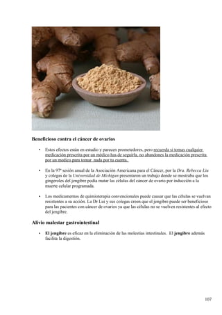 Beneficioso contra el cáncer de ovarios
• Estos efectos están en estudio y parecen prometedores, pero recuerda si tomas cualquier
medicación prescrita por un médico has de seguirla, no abandones la medicación prescrita
por un medico para tomar nada por tu cuenta.
• En la 97ª sesión anual de la Asociación Americana para el Cáncer, por la Dra. Rebecca Liu
y colegas de la Universidad de Michigan presentaron un trabajo donde se mostraba que los
gingeroles del jengibre podía matar las células del cáncer de ovario por inducción a la
muerte celular programada.
• Los medicamentos de quimioterapia convencionales puede causar que las células se vuelvan
resistentes a su acción. La Dr Lui y sus colegas creen que el jengibre puede ser beneficioso
para las pacientes con cáncer de ovarios ya que las células no se vuelven resistentes al efecto
del jengibre.
Alivio malestar gastrointestinal
• El jengibre es eficaz en la eliminación de las molestias intestinales. El jengibre además
facilita la digestión.
107
 