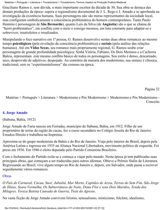 Matérias > Português > Literatura > Trovadorismo > Trovadorismo- Termos Usados na Produção Poética Medieval

Graciliano Ramos é, sem dúvida, o mais importante escritor da década de 30. Sua obra se destaca das
demais produções da época: supera o regionalismo documental de J. L. Rego e J. Amado e se aprofunda na
investigação da existência humana. Suas personagens não são meras representantes da sociedade local,
mas configuram simbolicamente a consciência problemática do homem contemporâneo. Tanto Paulo
Honório ( personagem de São Bernardo), quanto Luís da Silva (de Angústia) são o que se chama de
“herói problemático”, em conflito com o meio e consigo mesmos, em luta constante para adaptar-se e
sobreviver, insatisfeitos e irrealizados.
Manipulando o foco narrativo em 1ª pessoa, G. Ramos desenvolve nestas duas obras romances ao mesmo
tempo psicológicos (pela revelação da consciência problemática) e sociais (pela análise das relações
humanas). Até em Vidas Secas, seu romance mais propriamente regional, G. Ramos soube criar
personagens de grande profundidade psicológica: Sinhá Vitória, Fabiano, Os Dois Meninos e a Cachorra
Baleia, representam este mesmo conflito básico de todos os personagens. Seu estilo é denso, descarnado,
seco, desprovido de adjetivos, despojado. Ao contrário da maioria dos modernistas, sua sintaxe é clássica,
tradicional, sem os “experimentalismos” tão comuns na época.




                                                                                                               Página 32

  Matérias > Português > Literatura > Modernismo e Pós Modernismo > Modernismo e Pós Modernismo -
                                                                                        Conceito


4. Jorge Amado
(Itabuna, Bahia, 1912)
Jorge Amado de Faria nasceu em Ferradas, município de Itabuna, Bahia, em 1912. Filho de um
proprietário de terras da região do cacau, fez o curso secundário no Colégio Jesuíta do Rio de Janeiro.
Estudou Direito e trabalhou na Imprensa.
Aproxima-se do grupo modernista da Bahia e do Rio de Janeiro. Viaja pelo interior do Brasil, depois pela
América Latina e ingressa em 1935 na Aliança Nacional Libertadora, movimento político de esquerda. Foi
preso em 1936. Em 1946 é eleito deputado pelo Partido Comunista Brasileiro.
Com o fechamento do Partido exila-se e começa a viajar pelo mundo. Nesta época já tem publicadas suas
principais obras, que começam a ser traduzidas para outros idiomas. Obteve o Prêmio Stalin de Literatura.
Regressando ao Brasil, vive algum tempo no Rio de Janeiro e, depois, em Salvador, onde passa a escrever
seguidamente vários romances.
Obras
O País do Carnaval, Cacau, Suor, Jubiabá, Mar Morto, Capitães de Areia, Terras do Sem Fim, São Jorge
de Ilhéus, Seara Vermelha, Os Subterrâneos da Noite, Dona Flor e seus Dois Maridos, Tenda dos
Milagres, Tereza Batista Cansada de Guerra, Tieta do Agreste.
Na vasta ficção de Jorge Amado convivem lirismo, sensualismo, misticismo, folclore, idealismo,

 file:///C|/html_10emtudo/Literatura/html_literatura_total.htm (177 of 253) [05/10/2001 22:37:12]
 