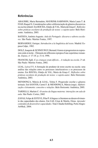 63
Referências
ABAURRE, Maria Bernadete; MAYRINK-SABINSON, Maria Laura T. &
FIAD, Raquel S. Considerações sobre a diferenciação de gêneros discursivos
na escrita infantil. Em ROCHA, Gladys & VAL, Maria da Graça C. Reflexões
sobre práticas escolares de produção de textos: o sujeito-autor. Belo Hori-
zonte: Autêntica, 2003.
BATISTA, Antônio Augusto. Aula de Português: discurso e saberes escola-
res. São Paulo: Martins Fontes, 1997.
BERNARDEZ, Enrique. Introdución a la lingüística del texto. Madrid: Es-
pasa-Calpe, 1982.
DOLZ, Joaquim & SCHNEUWLY, Bernard. Genres et progression en expres-
sion orale et écrite – Éléments de réflexions à propos d’une experiénce roman-
de. Enjeux, no
37-38, p. 31-4, 1996.
FRANCHI, Eglê. E as crianças eram difíceis... A redação na escola. 2a
ed.
São Paulo: Martins Fontes, 2002.
LEAL, Leiva F.V. A formação do produtor de texto escrito na escola: uma
análise das relações entre os processos interlocutivos e os processos de
ensino. Em ROCHA, Gladys & VAL, Maria da Graça C. Reflexões sobre
práticas escolares de produção de textos: o sujeito-autor. Belo Horizonte:
Autêntica, 2003.
MENDONÇA, Márcia & LEAL, Telma F. Progressão escolar e gêneros
textuais. Em SANTOS, Carmi F. & MENDONÇA, Márcia (orgs). Alfabeti-
zação e letramento: conceitos e relações. Belo Horizonte: Autêntica, 2005.
TARDELLI, Marlete C. O ensino da língua materna: interações em sala de
aula. São Paulo: Cortez, 2002
ZAYAS, Felipe & ESTEVE, Pilar P.Alíngua e a literatura no desenvolvimen-
to das capacidades dos alunos. Em Coll, César & Martín, Elena. Aprender
conteúdos & desenvolver capacidades. Trad. Cláudia Schilling. PortoAlegre:
ArtMed, 2004.
LIVRO Produção de textos na escola.PMD 04/07/2007, 18:0563
 