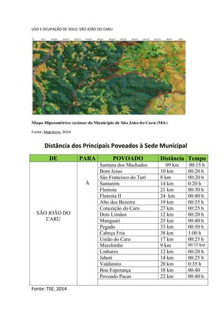 USO E OCUPAÇÃO DE SOLO: SÃO JOÃO DO CARU
Distância dos Principais Povoados à Sede Municipal
DE PARA POVOADO Distância Tempo
SÃO JOÃO DO
CARU
À
Santana dos Machados 09 km 00:15 h
Bom Jesus 10 km 00:20 h
São Francisco do Turi 8 km 00:20 h
Santarém 14 km 0:20 h
Floresta 21 km 00:30 h
Floresta II 24 km 00:40 h
Alto dos Bezerra 19 km 00:35 h
Conceição do Caru 27 km 00:25 h
Dois Limãos 12 km 00:20 h
Manguari 25 km 00:40 h
Pegado 33 km 00:50 h
Cabeça Fria 38 km 1:00 h
União do Caru 17 km 00:25 h
Murchinho 9 km 00:15 km
Linhares 12 km 00:20 h
Jaboti 14 km 00:25 h
Valdimiro 20 km 0:35 h
Boa Esperança 18 km 00:40
Povoado Pacas 22 km 00:40 h
Fonte: TSE, 2014
 