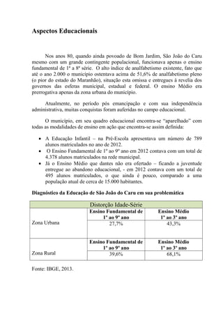 Aspectos Educacionais
Nos anos 80, quando ainda povoado de Bom Jardim, São João do Caru
mesmo com um grande contingente populacional, funcionava apenas o ensino
fundamental de 1ª a 8ª série. O alto índice de analfabetismo existente, fato que
até o ano 2.000 o município ostentava acima de 51,6% de analfabetismo pleno
(o pior do estado do Maranhão), situação esta omissa e entregues à revelia dos
governos das esferas municipal, estadual e federal. O ensino Médio era
prerrogativa apenas da zona urbana do município.
Atualmente, no período pós emancipação e com sua independência
administrativa, muitas conquistas foram auferidas no campo educacional.
O município, em seu quadro educacional encontra-se “aparelhado” com
todas as modalidades de ensino em ação que encontra-se assim definida:
 A Educação Infantil – na Pré-Escola apresentava um número de 789
alunos matriculados no ano de 2012.
 O Ensino Fundamental de 1º ao 9º ano em 2012 contava com um total de
4.378 alunos matriculados na rede municipal.
 Já o Ensino Médio que dantes não era ofertado – ficando a juventude
entregue ao abandono educacional, - em 2012 contava com um total de
495 alunos matriculados, o que ainda é pouco, comparado a uma
população atual de cerca de 15.000 habitantes.
Diagnóstico da Educação de São João do Caru em sua problemática
Distorção Idade-Série
Zona Urbana
Ensino Fundamental de
1º ao 9º ano
Ensino Médio
1º ao 3º ano
27,7% 43,3%
Zona Rural
Ensino Fundamental de
1º ao 9º ano
Ensino Médio
1º ao 3º ano
39,6% 68,1%
Fonte: IBGE, 2013.
 