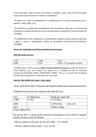 Já para Sócrates, “Quem ler tem mais chance à cidadania, sabe o que está acontecendo,
avança para novos horizontes e melhora o vocabulário”.
“A pobreza é a mãe do analfabetismo. O analfabetismo é uma porta entreaberta para a
pobreza.” (Roza, 2005, p. 8).
“Os problemas causados pelo analfabetismo são as principais razões do ciclo permanente
de pobreza e subdesenvolvimento em que muitos países se encontram”.(Correio Brasiliense,
7/9/1989).
“O analfabetismo inibe o progresso e a produtividade, impede o avanço cultural e espiritual,
e ajuda a manter a dependência crônica de sociedades inteiras”.(Correio Brasiliense,
7/9/1989).
Piora nos indicadores de Desenvolvimento Humano
IDH São João do Caru
Em 2000 ocupava a 205ª posição de Índice de Desenvolvimento Humanono ranking do Estado. Em
2010 despencou para 211ª posição. Isso significa que a qualidade de vida da população,
considerando EDUCAÇÃO, SAÚDE, LONGEVIDADE E RENDA - Piorou. É o preço da falta de políticas
públicas sérias e planejadas e competentes para o município.
IDH DE SÃO JOÃO DO CARU 1.991-2010
Fonte: Atlas Brasil 2013. Programa das Nações Unidas para o Desenvolvimento.
Produto Interno Bruto Per capita de São João do Caru:
Ano Nº Habitantes Renda per capita R$:
2.000 13.495 3.165 r$/ha
2005 -- 2.679 r$ /ha IBGE, 2005
2011 -- 5.089,14 r$/ha
Fonte: IBGE/2013
No ano de 2013, a renda média mensal do maranhense é de r$ 360,43, segundo
Nações Unidas (a pior do Brasil).
*PIB per capita de São João do Caru em 2009 – r$ 3.165,00
* PIB per capita de Bom Jardim – r$ 6.517,00.
1.991 2.000 2010
0,408 0,511 0,509 - 211ª posição no Estado
 
