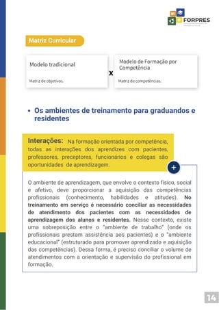 14
Matriz Curricular
Os ambientes de treinamento para graduandos e
residentes
O ambiente de aprendizagem, que envolve o contexto físico, social
e afetivo, deve proporcionar a aquisição das competências
profissionais (conhecimento, habilidades e atitudes). No
treinamento em serviço é necessário conciliar as necessidades
de atendimento dos pacientes com as necessidades de
aprendizagem dos alunos e residentes. Nesse contexto, existe
uma sobreposição entre o “ambiente de trabalho” (onde os
profissionais prestam assistência aos pacientes) e o “ambiente
educacional” (estruturado para promover aprendizado e aquisição
das competências). Dessa forma, é preciso conciliar o volume de
atendimentos com a orientação e supervisão do profissional em
formação.
Na formação orientada por competência,
todas as interações dos aprendizes com pacientes,
professores, preceptores, funcionários e colegas são
oportunidades de aprendizagem.
Interações:
 